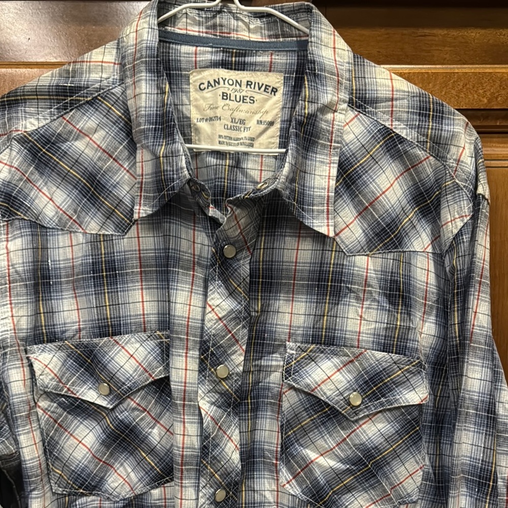 Vintage NWT Canyon River Blues Casual Blue and Red Plaid Pearl Snap Shirt